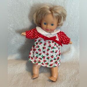 VTG 1998 Citi Toy Doll Vinyl And Cloth Body Blonde Red White Strawberry Dress 7”